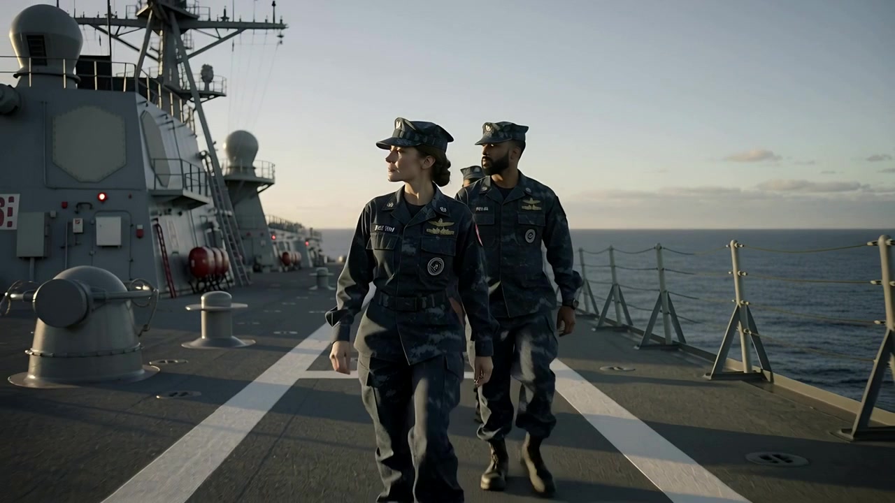 Donna che guida un compagno di bordo in uniforme blu scuro verso la prua per il servizio sul ponte, linea dipinta