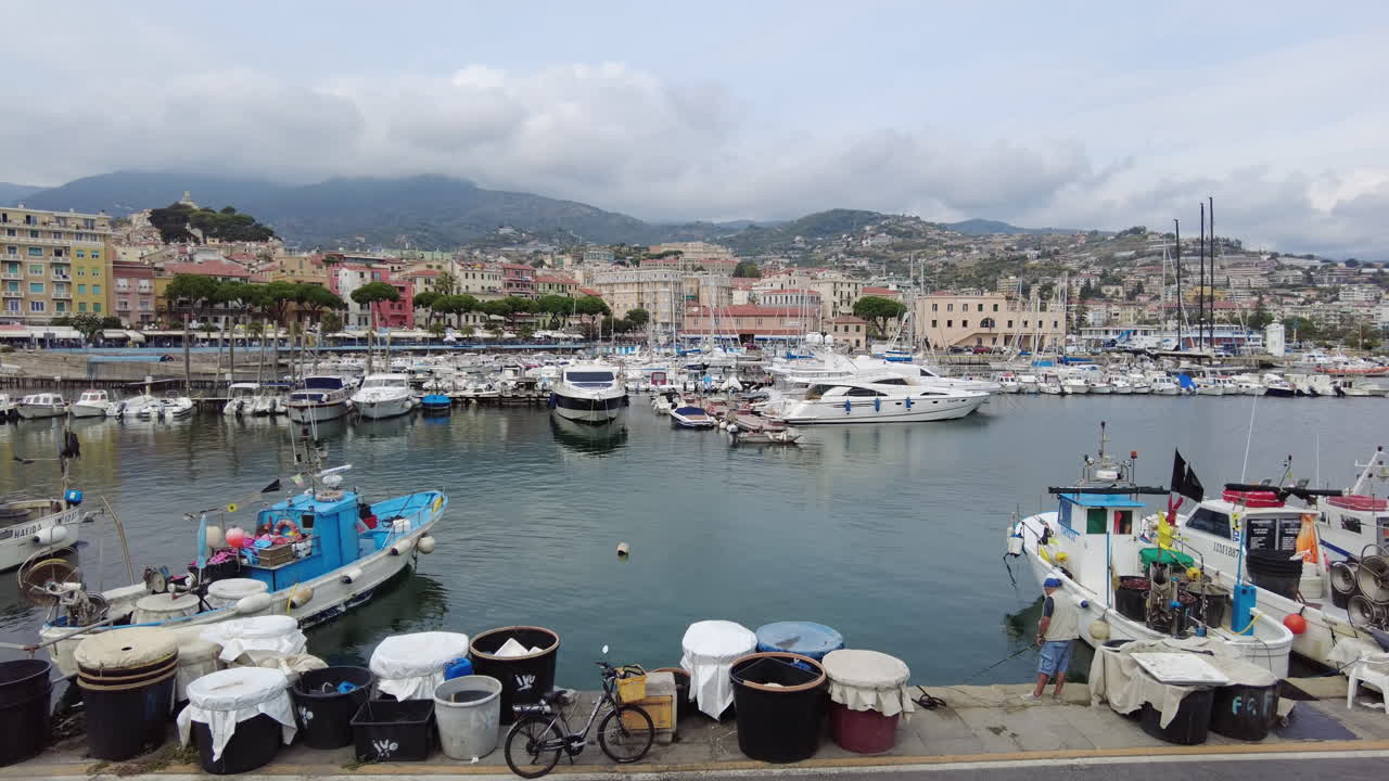 Boats docked in a harbour in Sanremo, Italy in daylight