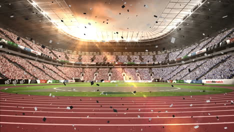 Animation-Von-Schwarz-weißem-Konfetti,-Das-Vor-Der-Kulisse-Eines-Sportstadions-Herabfällt