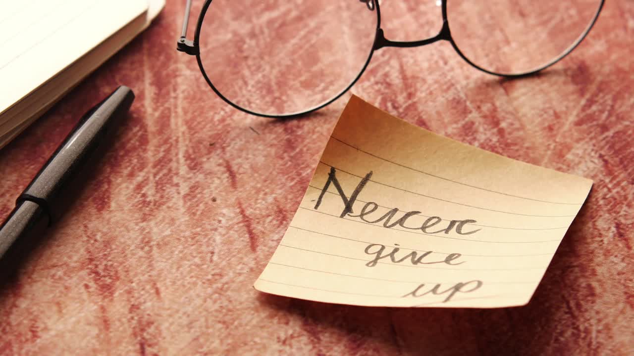 nota de motivación con gafas y bolígrafo