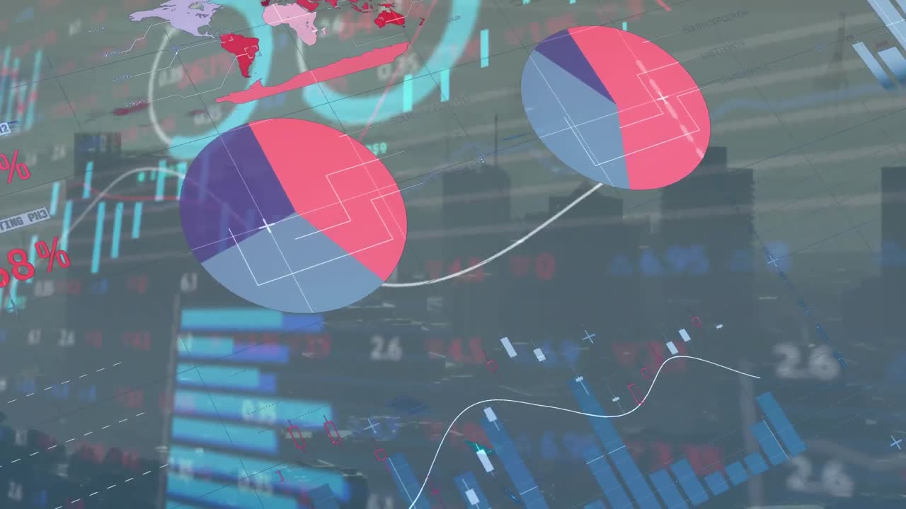 Animation of financial data processing over cityscape