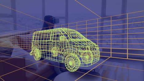 animación de dibujo técnico 3d de la furgoneta, sobre la mujer en casa con auriculares vr