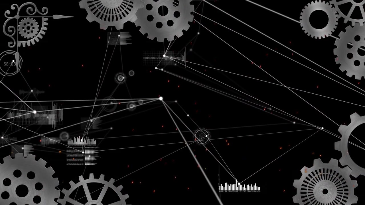 Animation of network of connections and data processing over setting icons against black background