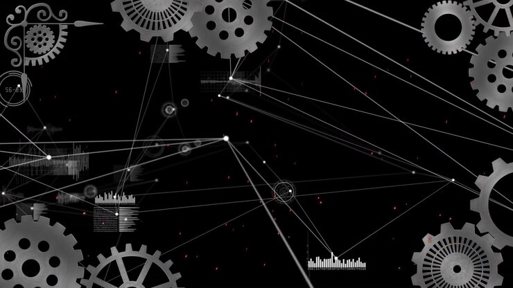 Animation of network of connections and data processing over setting icons against black background