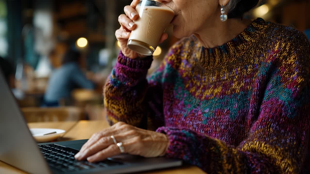 Maglione caldo, dita che digitano sul laptop. Sorriso dolce, concentrato sul lavoro, comfort tranquillo. Caffè in mano, mani ferme, ambiente calmo. Caffè accogliente, momenti rilassati, produttivi, sereni. Perfetto per lo stile di vita.