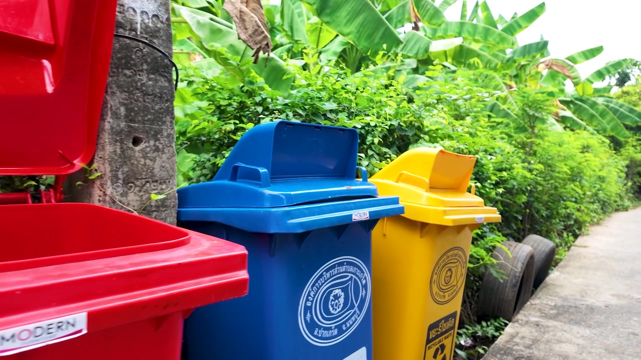 Panning shot of red, blue, and yellow waste containers beside a lush green pathway.
