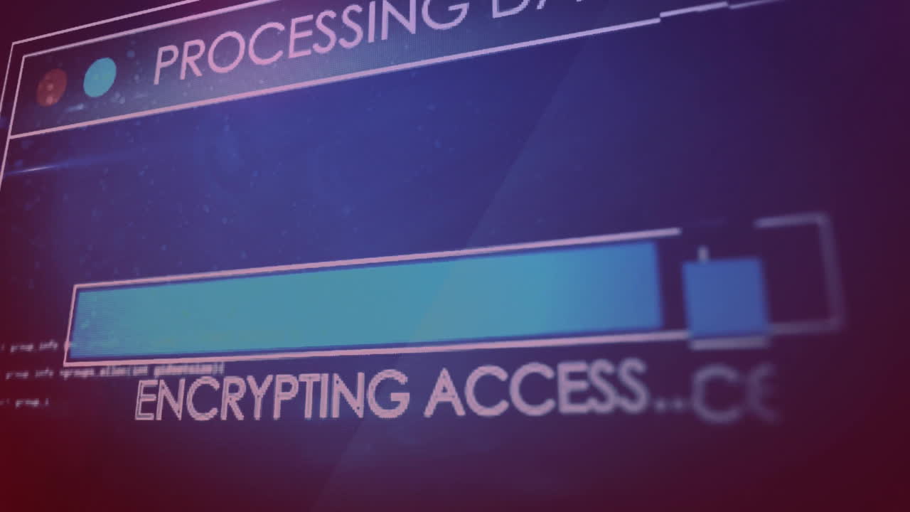 Animation of text and digital data processing over screen on blue background