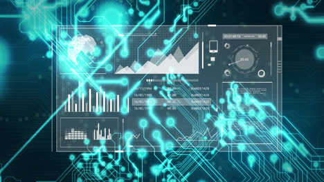 Animation-of-computer-circuit-board-over-data-processing-on-black-background