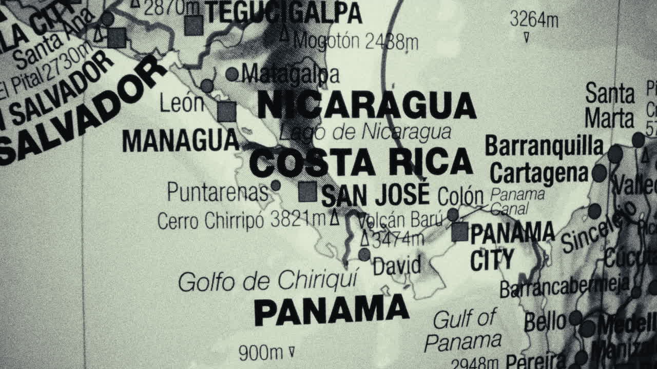 Close-up view of a map of Central America, showing Nicaragua, Costa Rica, and Panama
