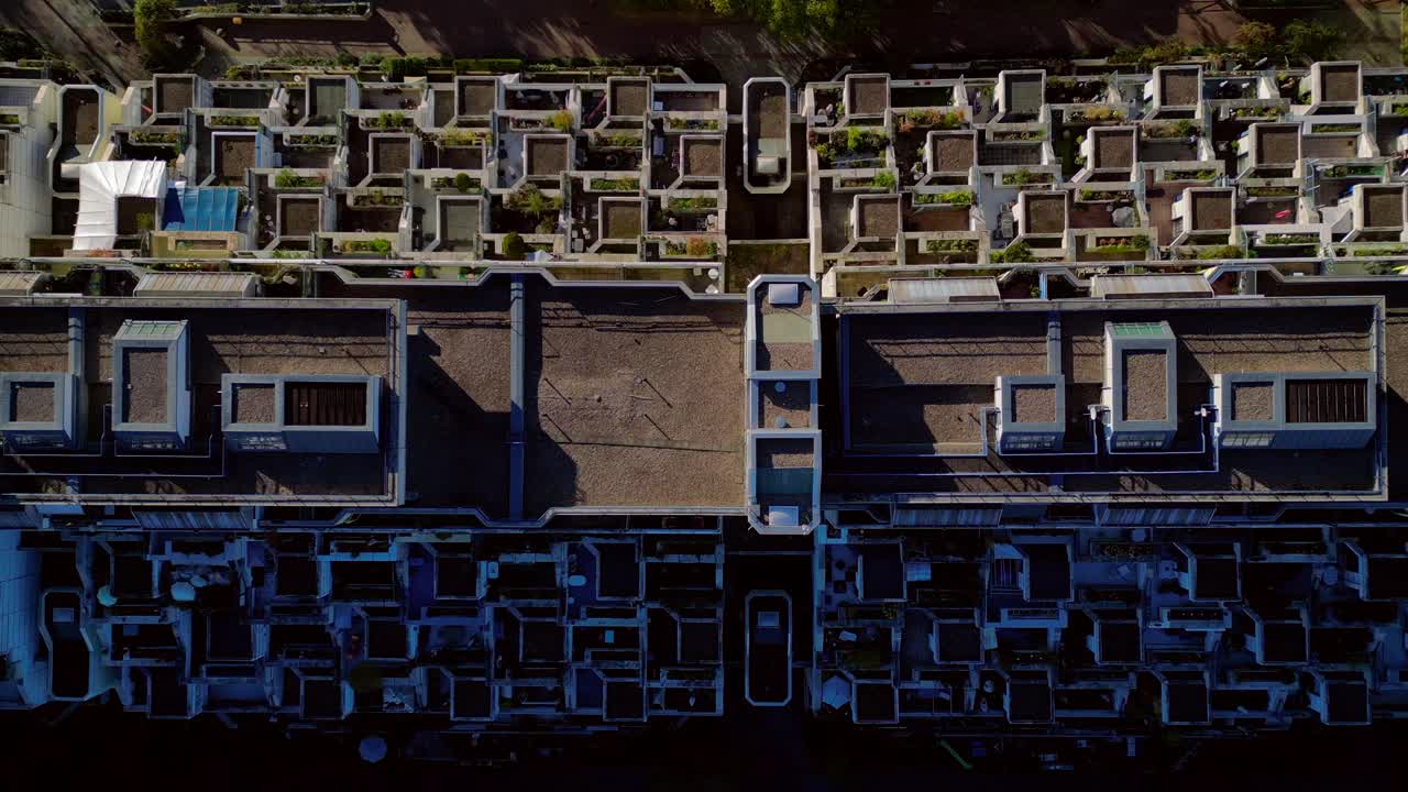 modern residential buildings Snake highway route Tunnel House and parks in the Charlottenburg Wilmersdorf district. Amazing aerial view flight vertical bird's eye view drone