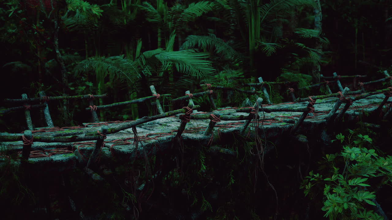 Mysterious traditional bridge in the venezuelan rainforest at twilight
