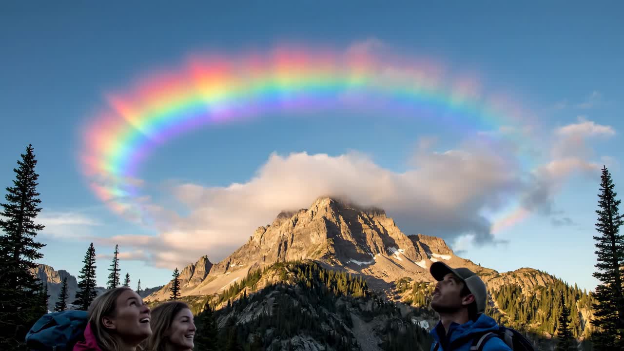 People admiring a circular rainbow over a mountain landscape