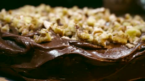 extreme closeup of homemade chocolate cake with chopped walnut topping