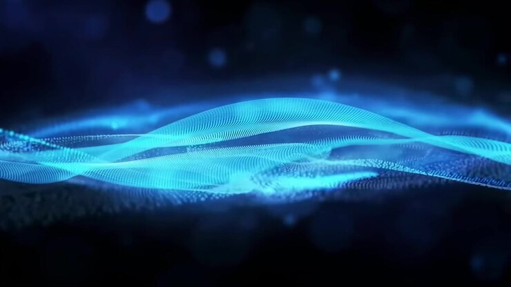 Abstract Blue Digital Wave Particles Flowing in Dark Space