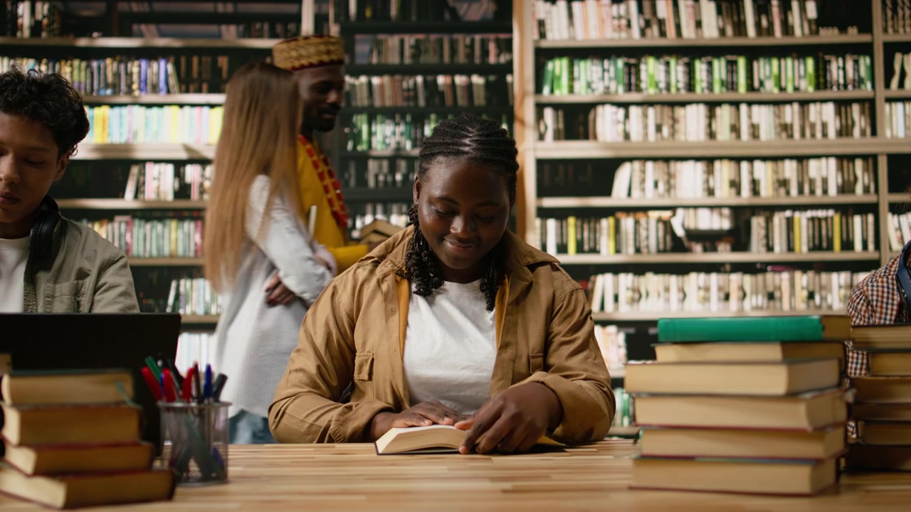 Giovane adulto afroamericano che apre un libro e legge in uno spazio di lavoro in biblioteca