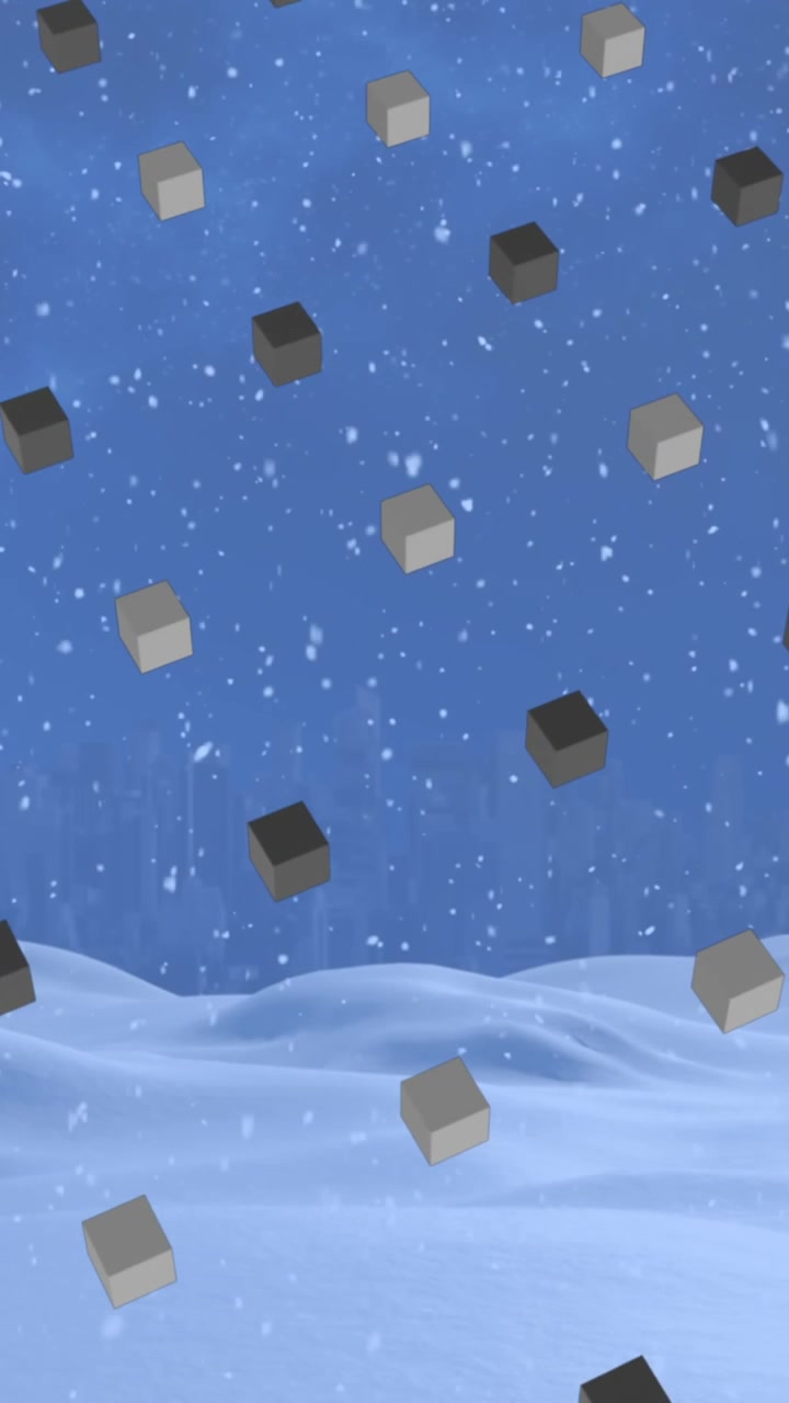 Animazione di un motivo a file di cubi e neve natalizia che cade su un paesaggio invernale.