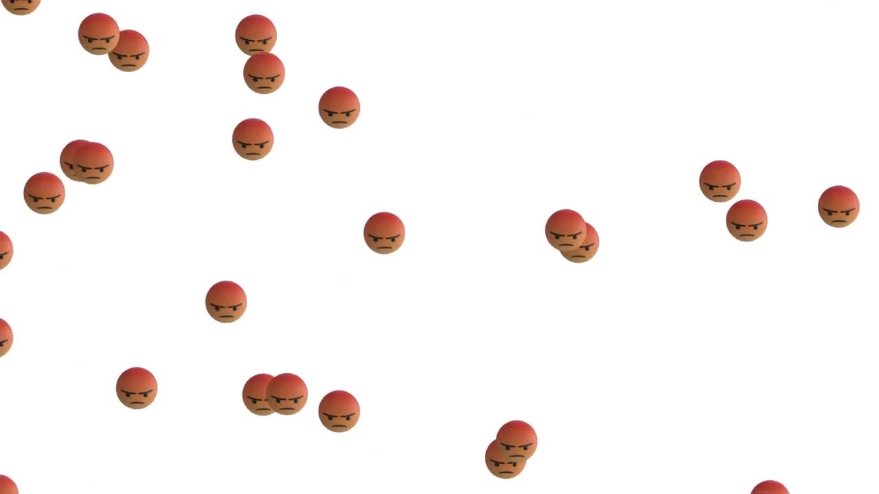 Animation of multiple angry face emojis floating against white background