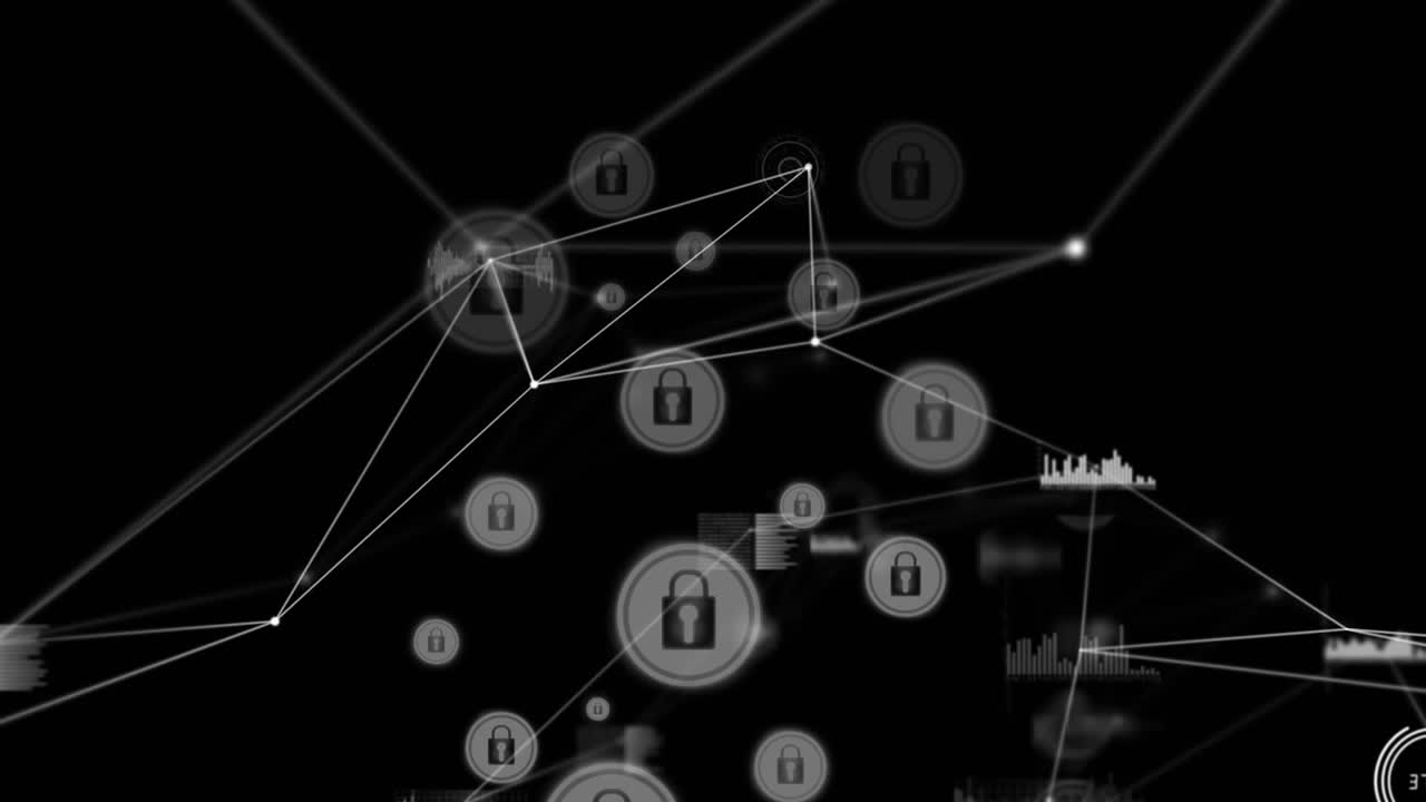 animación digital de la red de conexiones a través de múltiples iconos de candado de seguridad sobre fondo negro