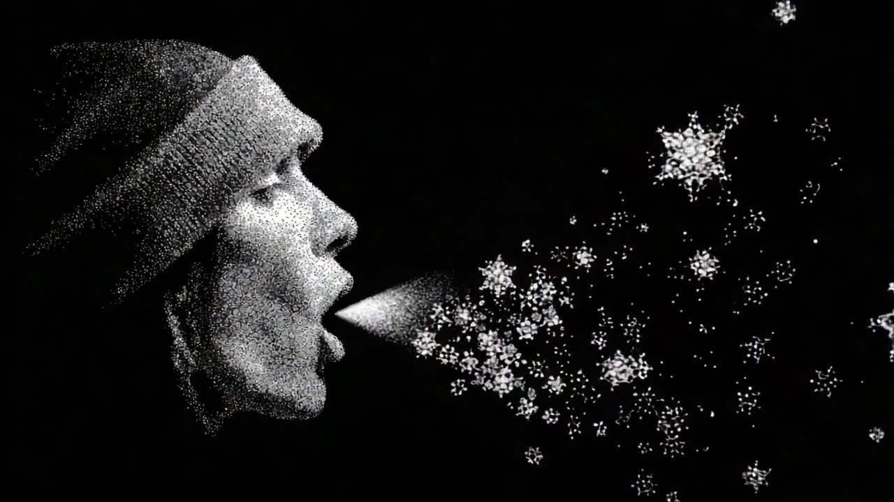 A Creative Expression of Breath: The Art of Breathing Life into Snowflakes Captured in a Stunning Black and White Video Sequence