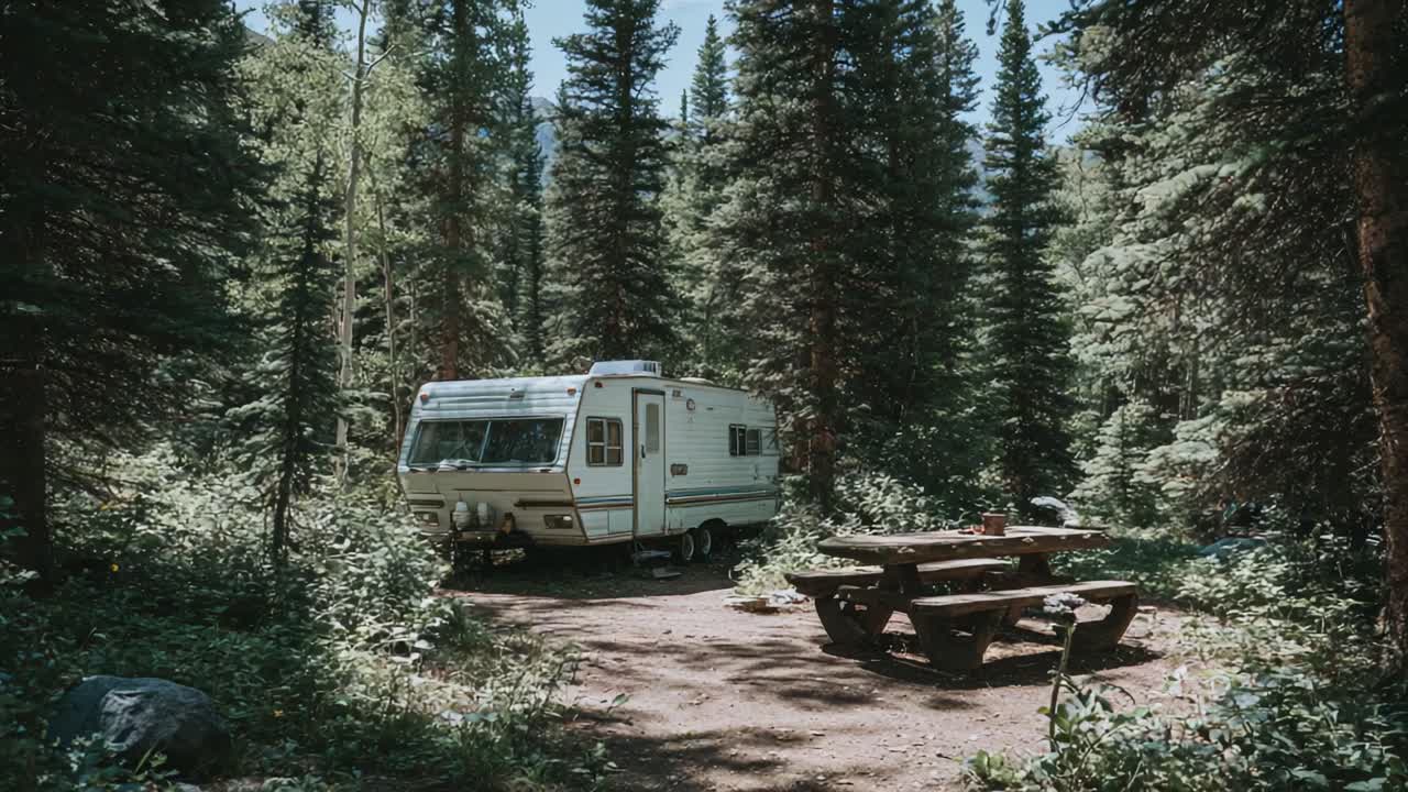 En fredfyldt campingoplevelse med en hyggelig autocamper gemt mellem høje, løvtræer i rolige naturomgivelser, perfekt til et udendørs eventyr