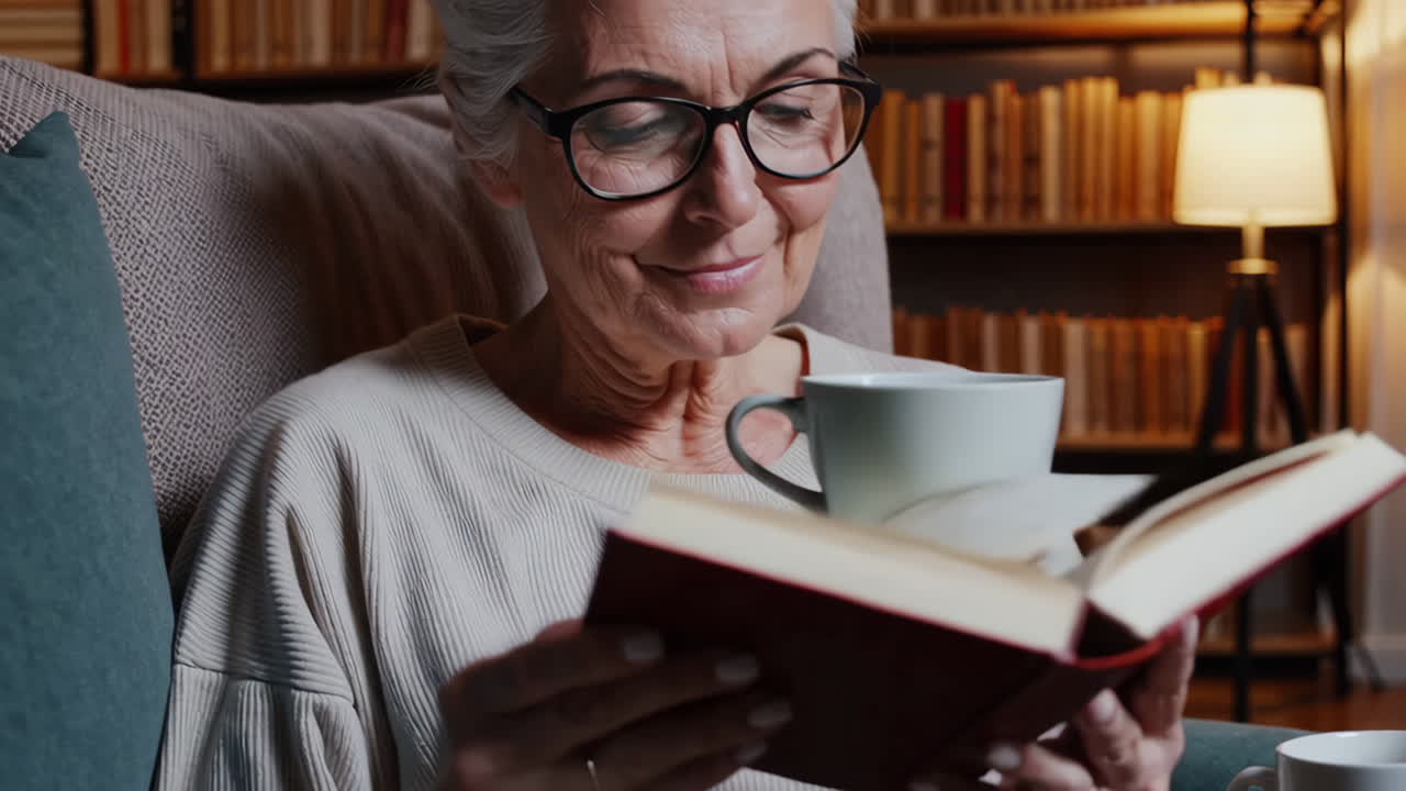 Eine ältere Frau liest ein Buch in einer gemütlichen Hausbibliothek