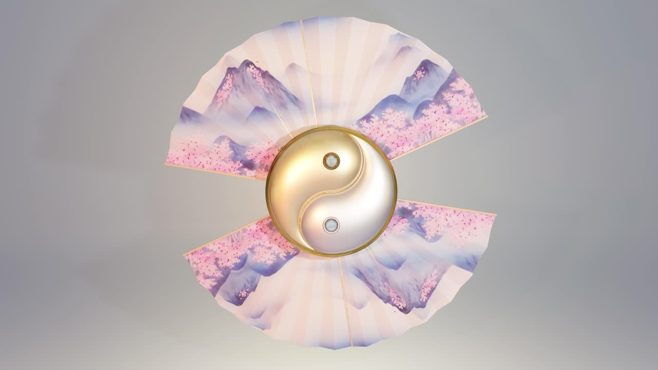 Yin and yang symbol between fans. 3d render animation loop