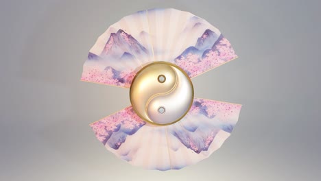 Yin and yang symbol between fans. 3d render animation loop