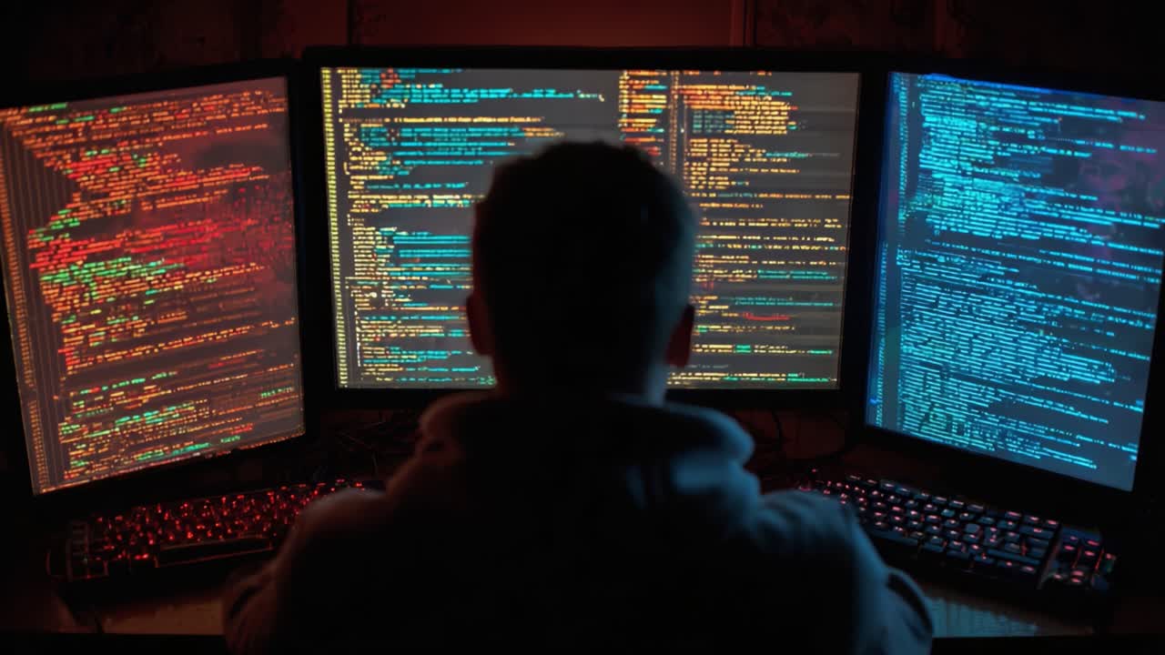 Intense Focus on Coding: A Programmer Surrounded by Multiple Monitors Displaying Complex Code Structures in a Dark Environment