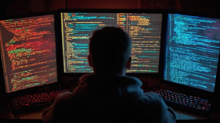 Intenst fokus på kodning: En programmør omgivet af flere skærme, der viser komplekse kodestrukturer i et mørkt miljø