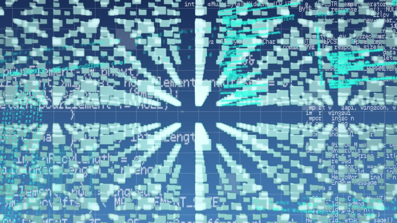 파란색 배경에 데이터 처리를 통해 녹색 모양과 아이콘의 애니메이션