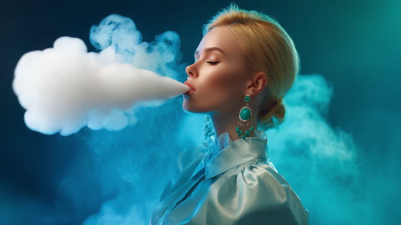 Elegant Woman Breathing Out Vapor in Mystical Atmosphere with Ethereal Smoke and Radiant Jewelry, Capturing a Moment of Serenity and Allure