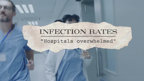 animation of covid 19 text over doctors running in hospital