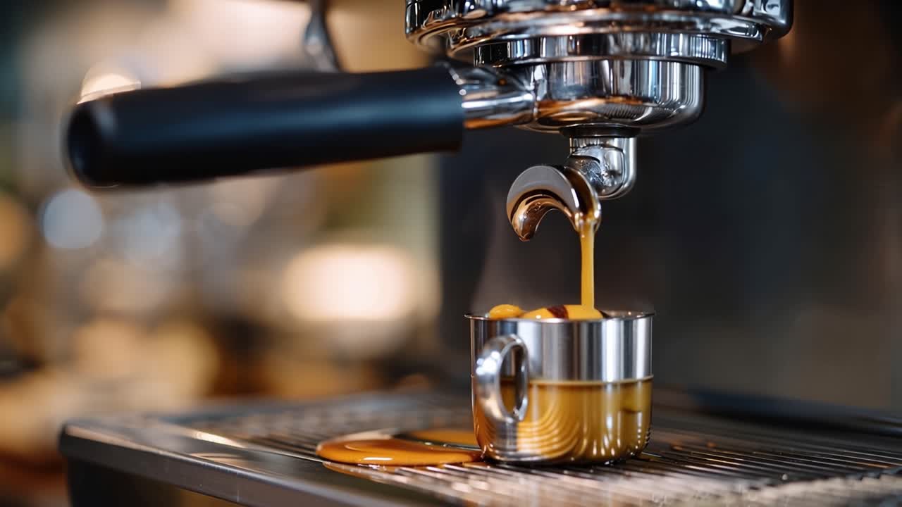 Steam rises as coffee pours into a gleaming cup. Dripping espresso forms a steady, rich stream. Metal surfaces gleam under warm, soft light. Barista's focus shines through the quiet action