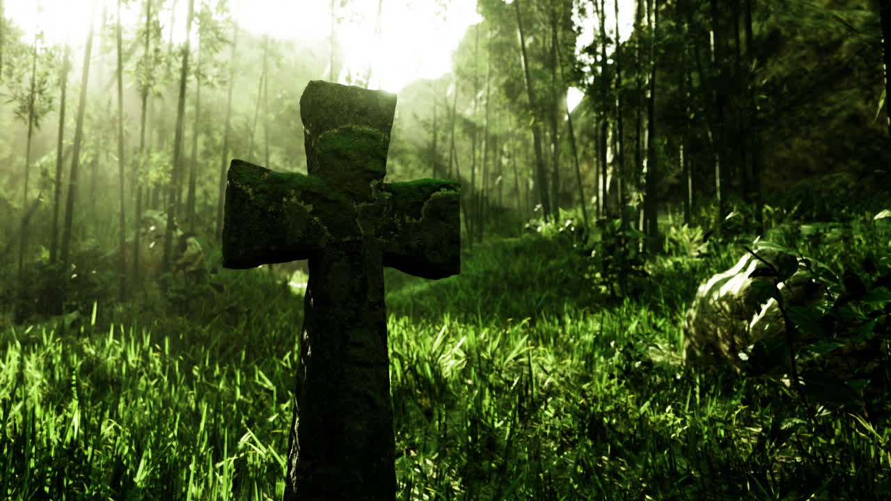 Moss covered cross stands tall in a serene forest landscape at dawn