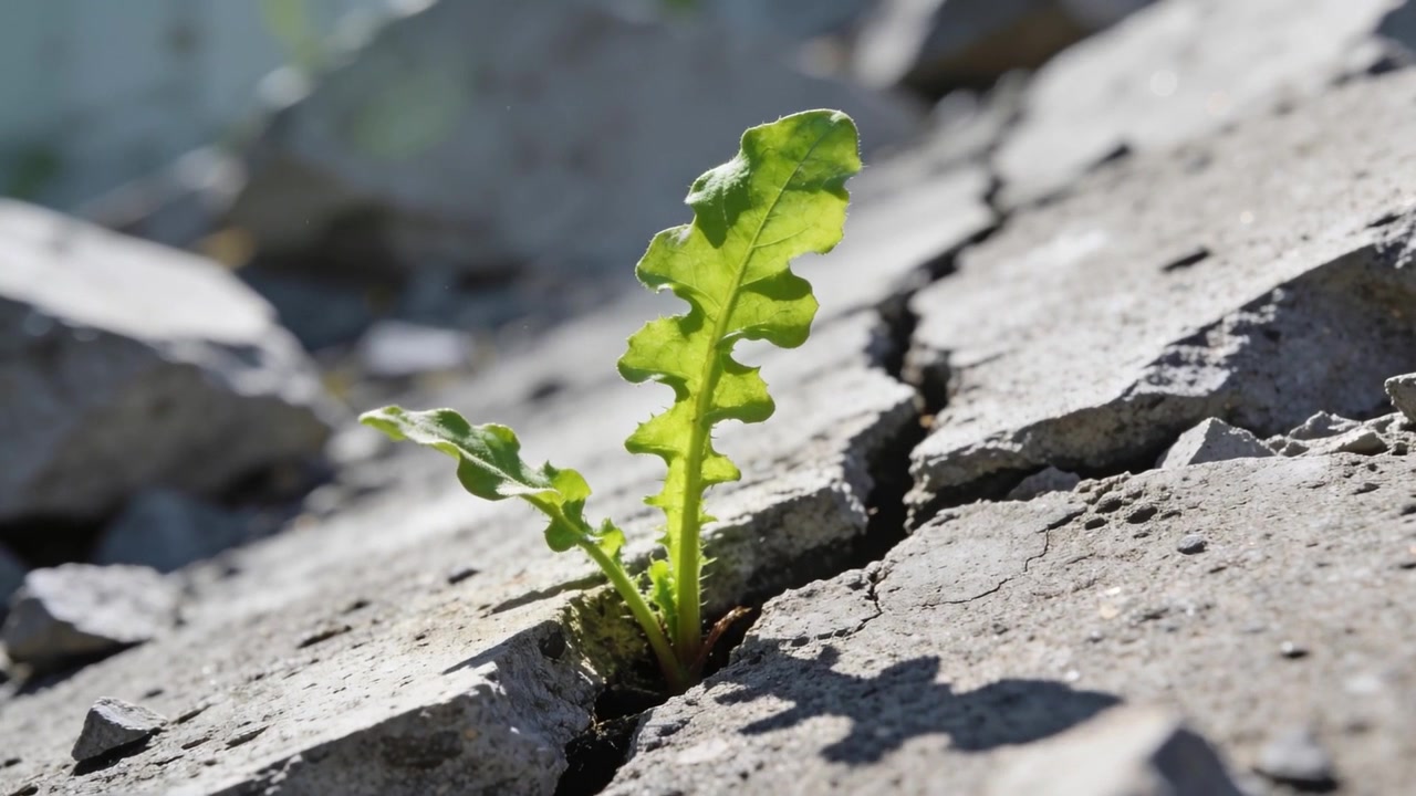 Sprouting lobed-leaf seedling from rock fissure, soil pocket, shadow shifting, reaching sunlight
