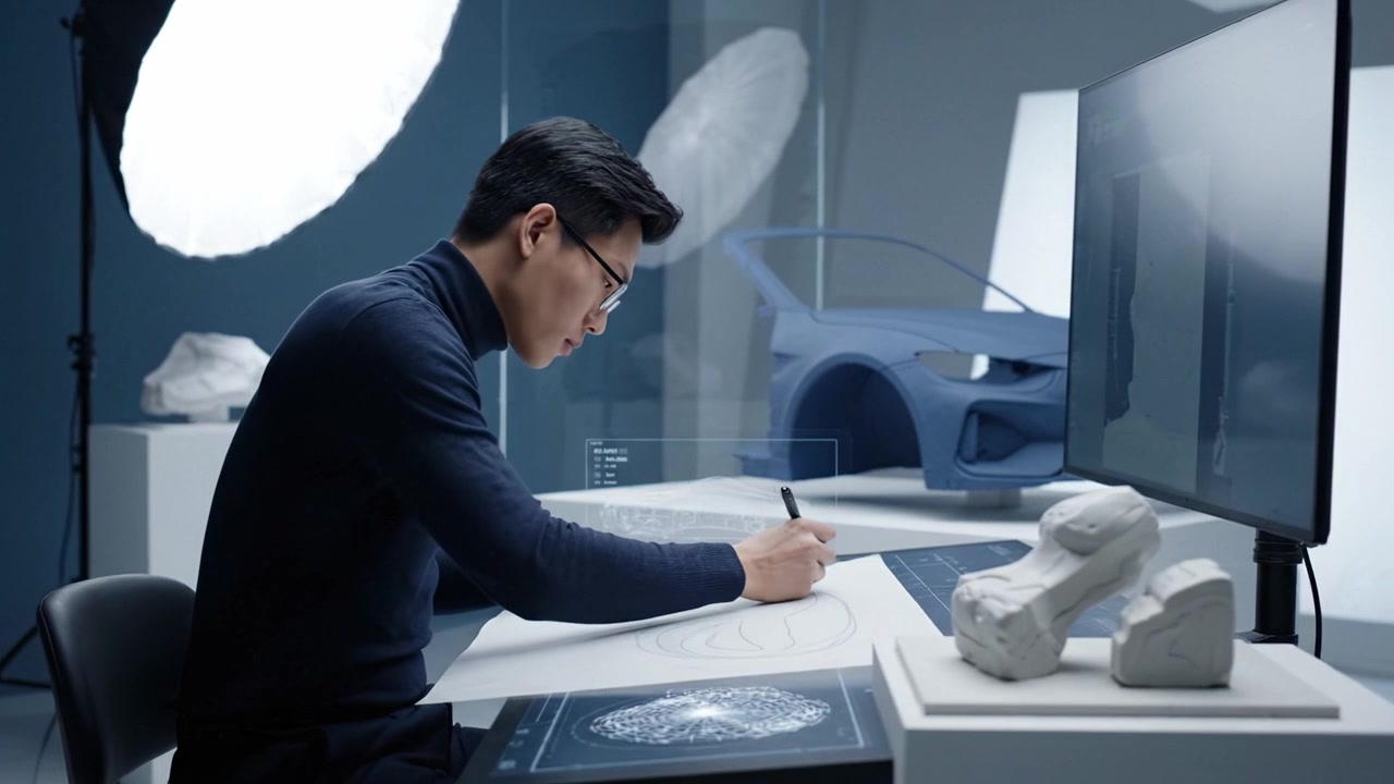 Innovative Designer Sketching in Modern Workspace with Sculptures and Concepts for Automotive Design, Focusing Creativity and Technical Precision