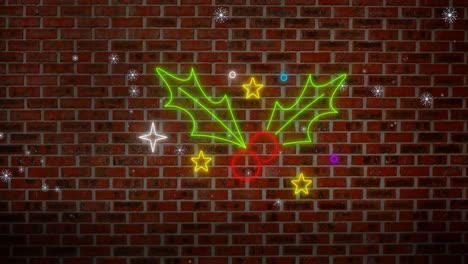 Animation-of-neon-holly-and-stars-over-wall