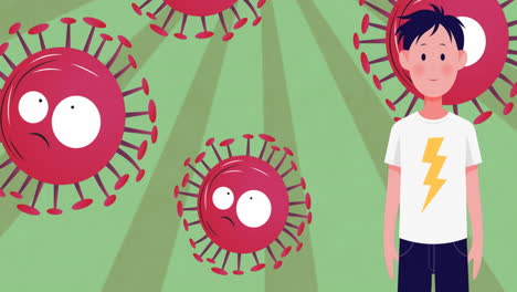 animation of falling covid 19 cells face mask over boy