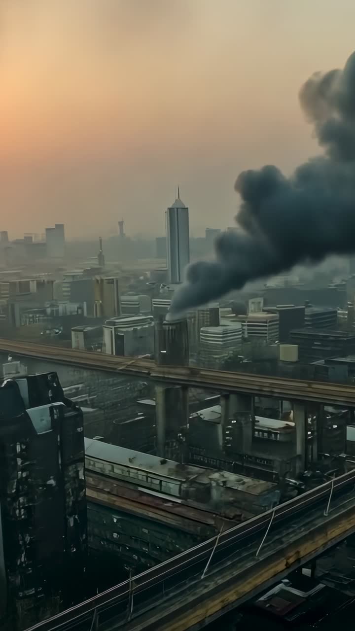 Vertical video: Drone panning revealing chimney emitting black smoke across rail tracks at plant