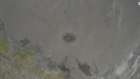 tomada aérea de arriba hacia abajo de un dron de un hombre y un cadáver de ballena en la playa de arena negra en el punto más septentrional del ártico de los estados unidos cerca de barrow, alaska