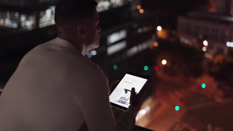 Man,-tablet-and-city-using-night-data-to-scroll