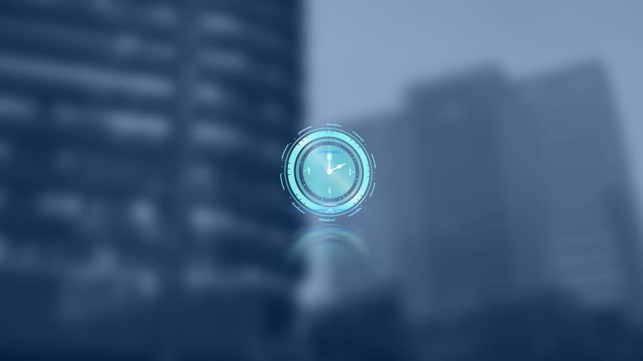 Animation of clock moving over cityscape