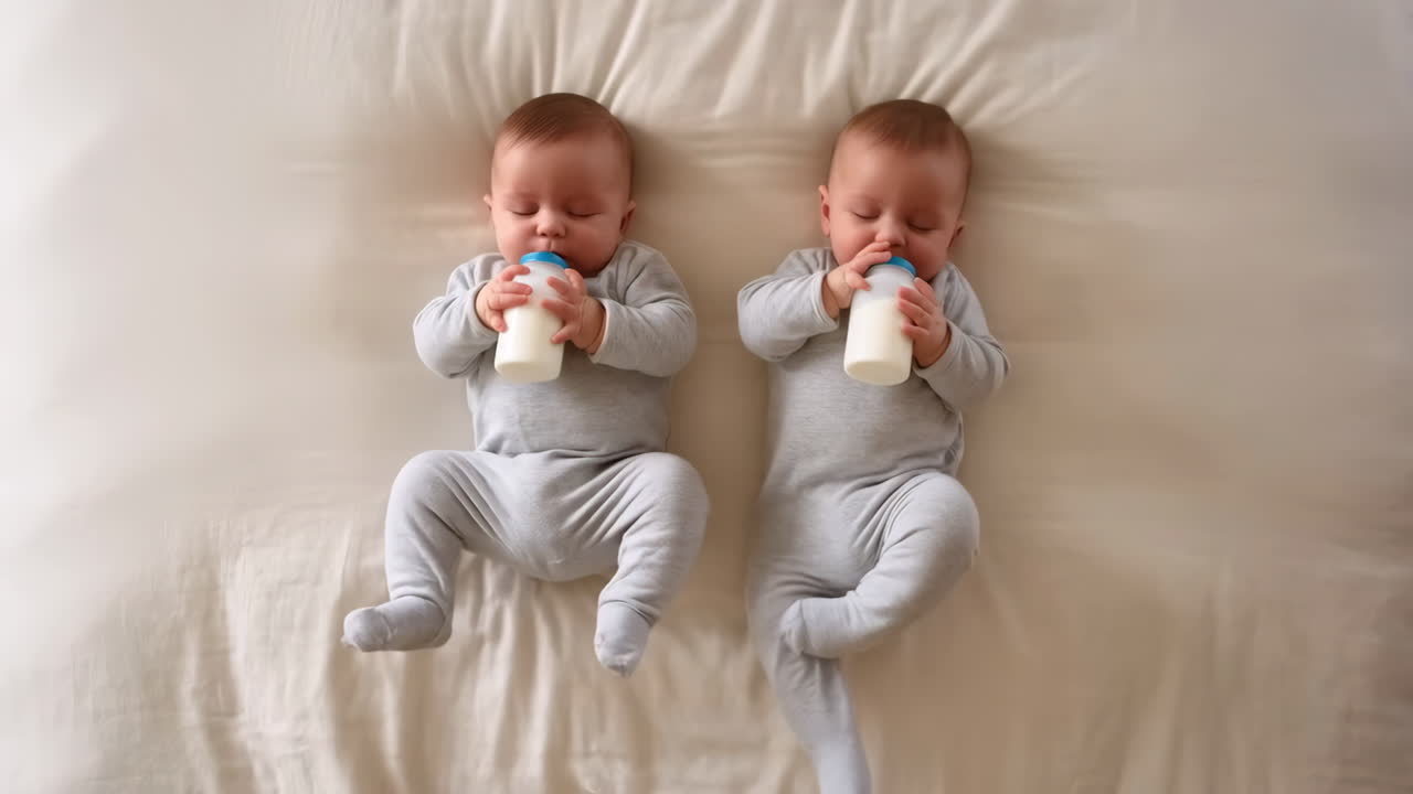 Due gemelli neonati che bevono il latte dal biberon su un letto