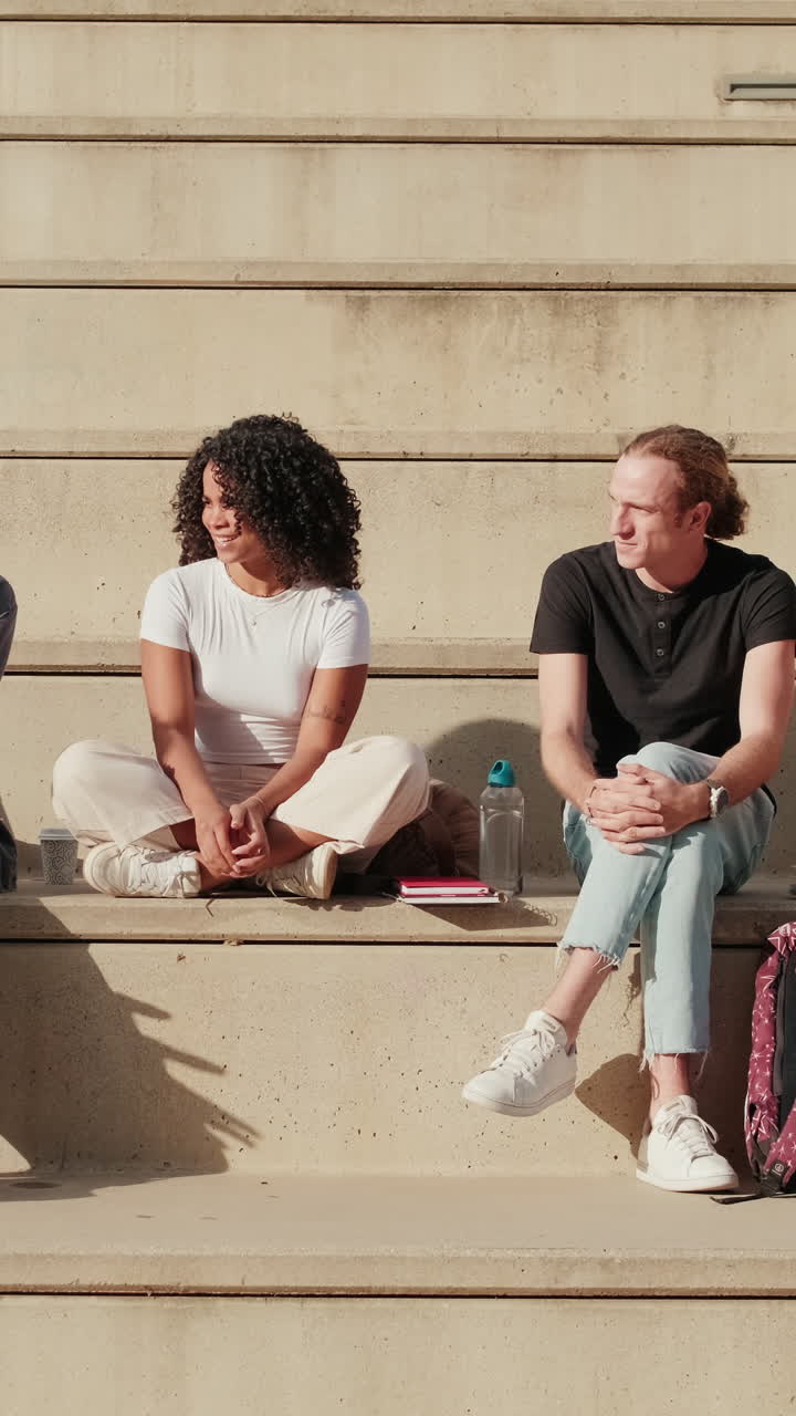 Close up view of the group of happy students with study items is sitting with