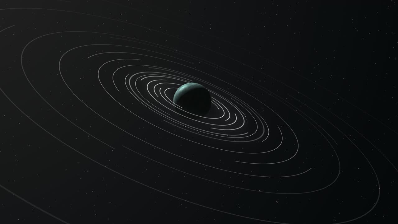 planeta azul con círculos blancos concéntricos que trazan órbitas a su alrededor en el espacio exterior. fondo abstracto futurista. render 3d