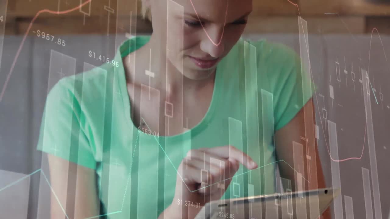 animación de múltiples gráficos con números sobre mujer caucásica usando tableta digital en cafés.