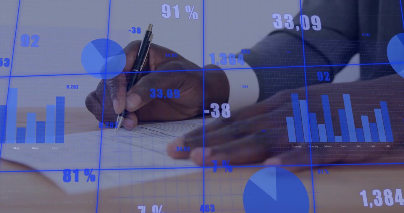 Animation of financial data processing over african american businessman writing