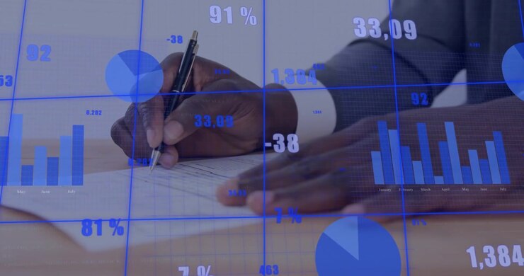 Animation of financial data processing over african american businessman writing