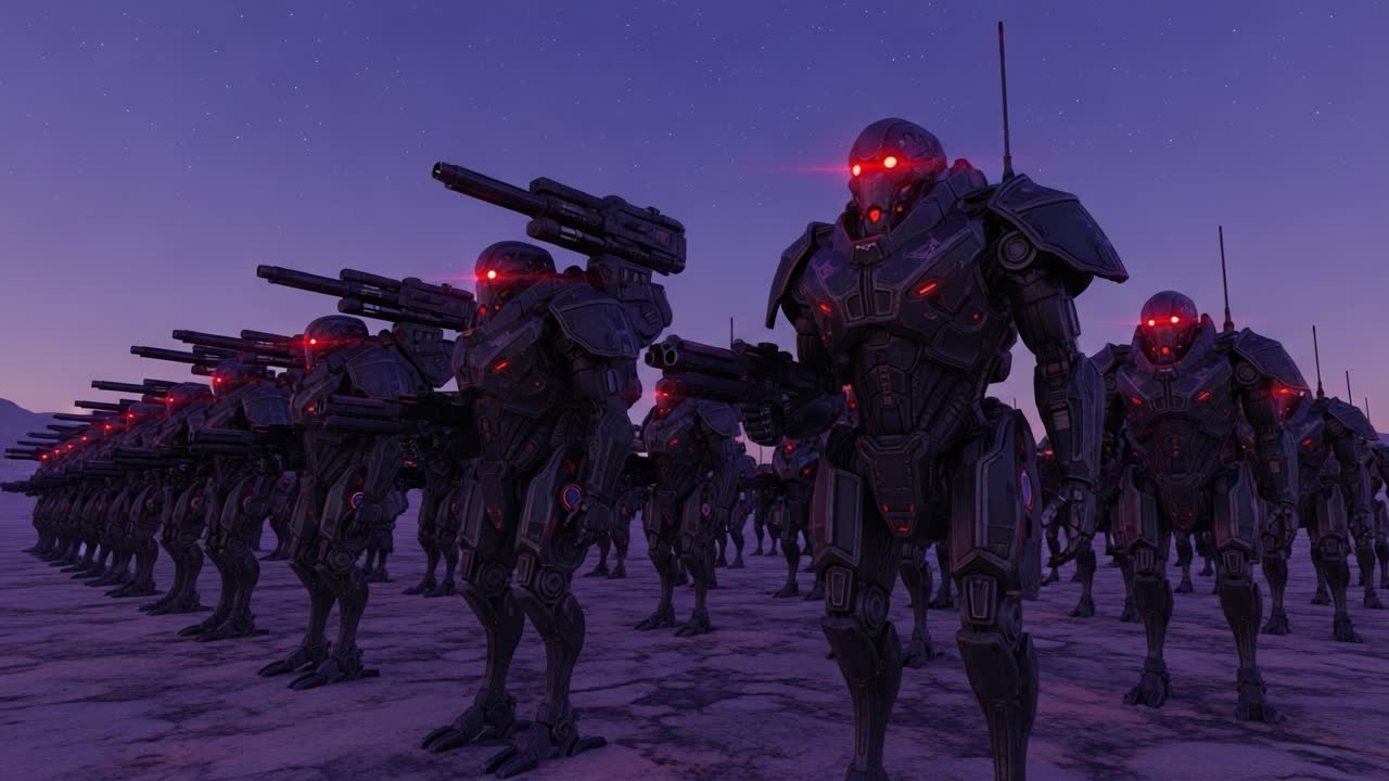 A Formation of Robotic Warriors: Advanced Drones with Glowing Red Eyes and Lethal Armaments in a Futuristic Landscape Under Starry Sky