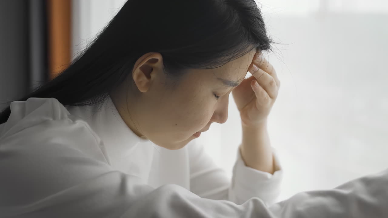 疲憊的女孩偏頭痛，伴隨壓力、焦慮、腦霧、抑鬱，在家庭困境中感到眩暈、焦慮迷失，獨自一人，失去意識，健康問題。